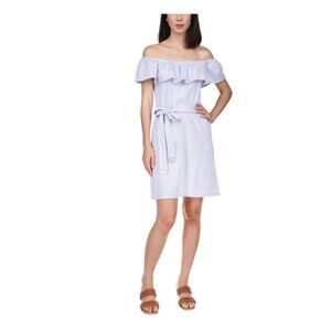 MICHAEL KORS Womens Blue Pocketed Tie Ruffled Striped Off Shoulder Dress Size XL